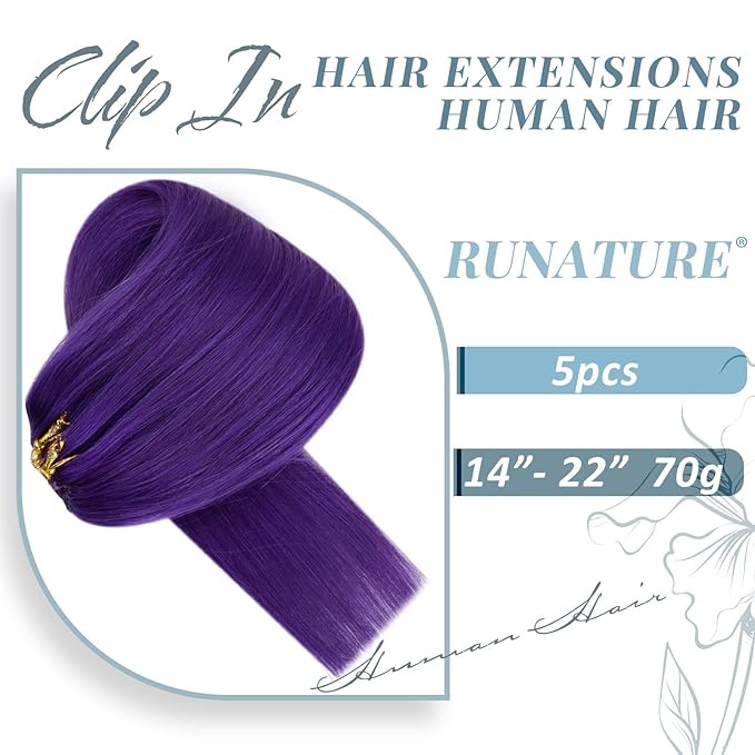 RUNATURE Purple Clip in Hair Extensions Real Human Hair, Straight Clip in Human Hair Extensions, Full Head, Colored Layered Natural Hair, Soft Tangle-free Hair, 16 Inch 70g/5pcs