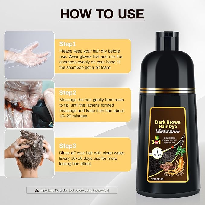 Dark Brown Natural Hair Dye Shampoo 3 in 1, 16.9 Fl Oz/500 ML, Semi-Permanent Gray Hair Coverage, Unisex, Natural Ingredients,