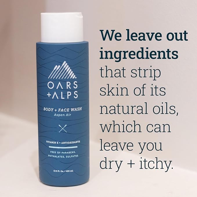 Oars + Alps Mens Moisturizing Body and Face Wash, Skin Care Infused with Vitamin E and Antioxidants, Sulfate Free, Aspen Air, 1 Pack