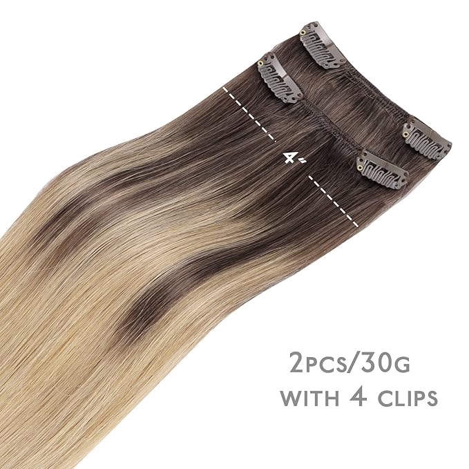 WENNALIFE Clip in Hair Extensions Real Human Hair Refill, 30g 22 inch 2pcs Balayage Chocolate Brown to Dirty Blonde Hair Extensions Clip in Human Hair for Hair Loss and Thinning Hair Straight Remy