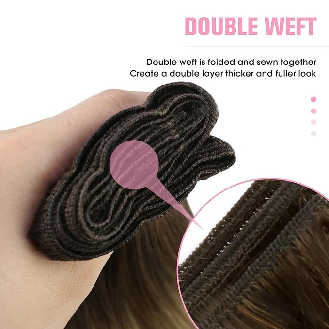YoungSee Sew in Hair Extensions Real Human Hair Brown Balayage Weft in Extensions Darkest Brown to Brown with Blonde Rooted Brown Thick Human Hair Weft Extensions Long for Women 24Inch 100G