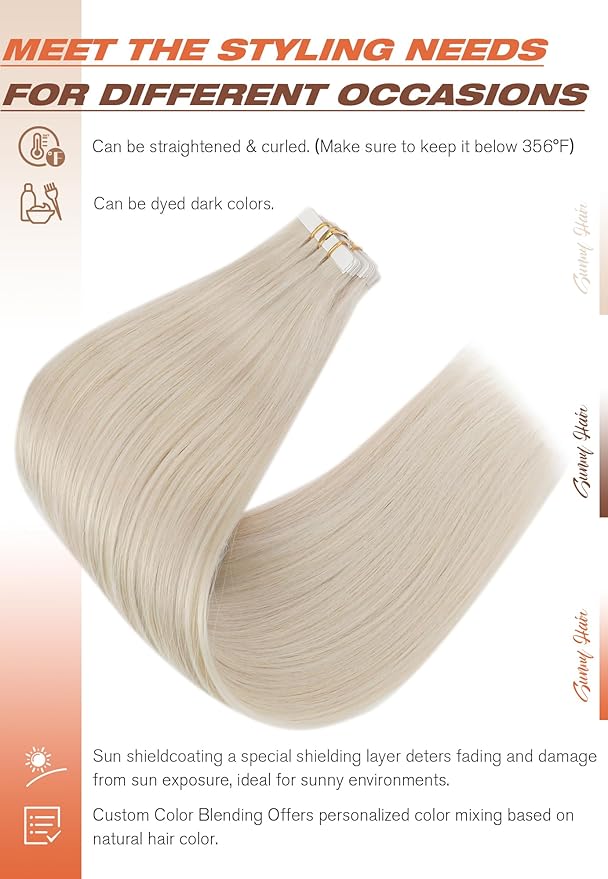 Sunny Hair Tape in Hair Extensions Real Human Hair Invisible Remy Hair Extensions Tape ins for Women White Platinum Blonde 26 inch 20Pcs 50G