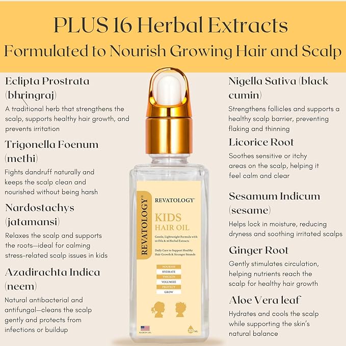 REVATOLOGY Kids & Baby Hair Growth Oil (Made in USA) Extra Strength pre-rinse Pediatric Formula with 26 Cold-Pressed Botanicals & Extracts | Cruelty & Chemical Free