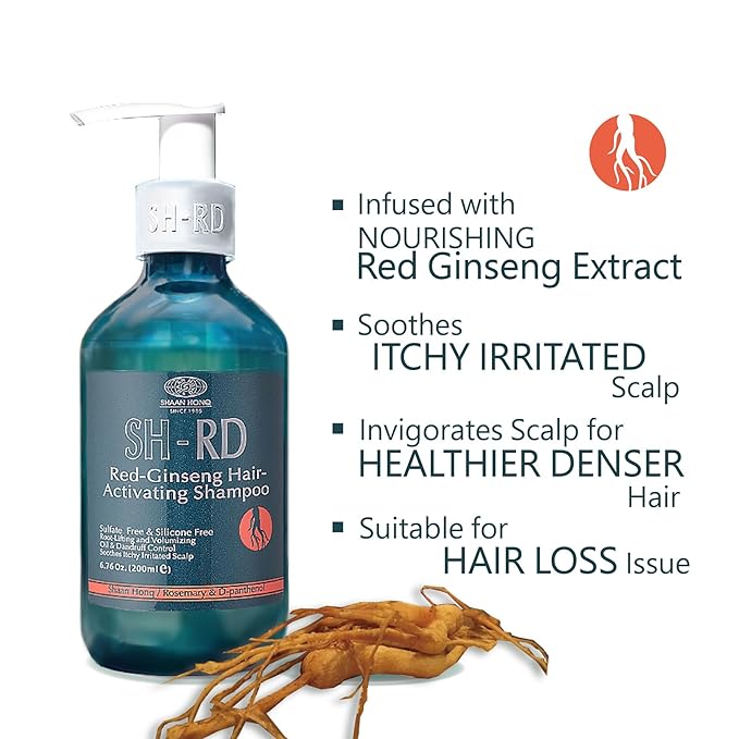 SH-RD Red Ginseng Activating Shampoo for Thinning Hair | Herbal Extract, Rosemary, Vitamin B5 | Root-Lifting, Oil Control & Anti-Dandruff | Sulfate-Free - 6.76oz/200ml