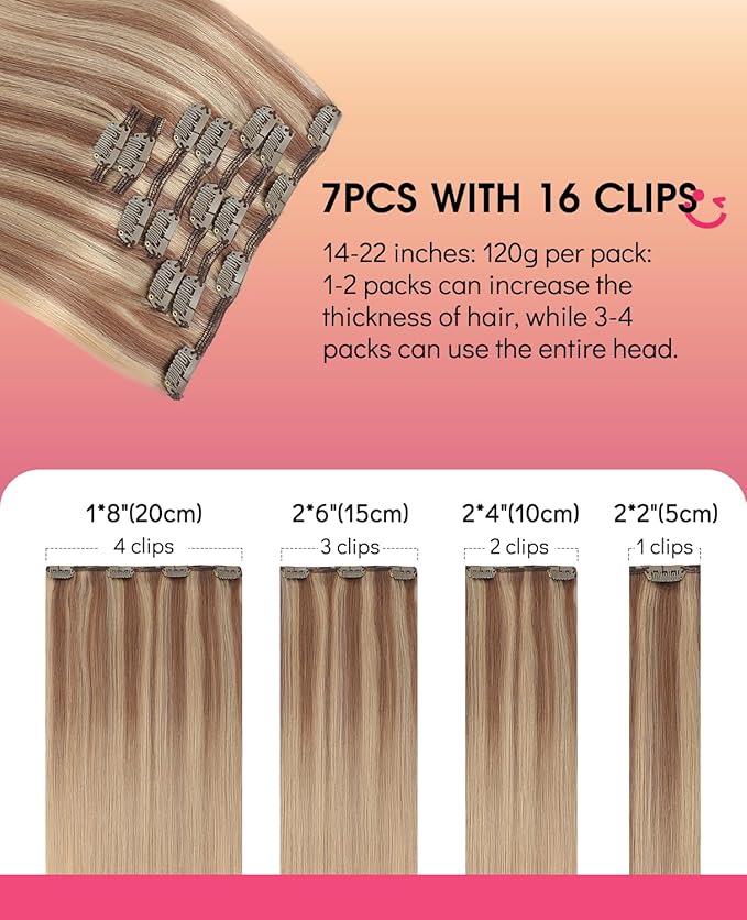 Youngsmile Human Hair Clip in Extensions, Clip in Hair Extensions, Soft Silk Straight,Double Weft Human Hair, 120g 7 Pieces 14inch,Balayage Ash Brown to Caramel Blonde (CLIP#10/27/27-14inch)
