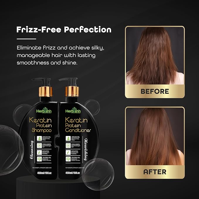 Herbishh Keratin Shampoo and Conditioner Set - Hydrating Shampoo & Nourishing Conditioner for Dry Damaged Hair - Sulfate Free - Plant Based - Set of 2