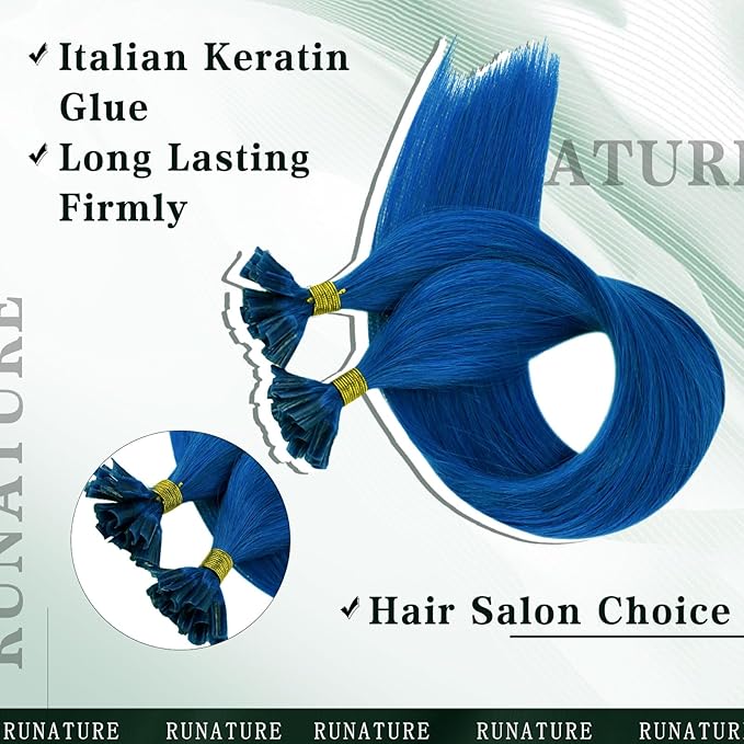 RUNATURE U Tip Hair Extensions Human Hair Colored Blue 20 Inch Long Pre Bonded Utips Real Hair Extensions for Kids Party Blue Highlight Keratin U Tips Remy Hair Extensions Invisible 25g 25 Strands