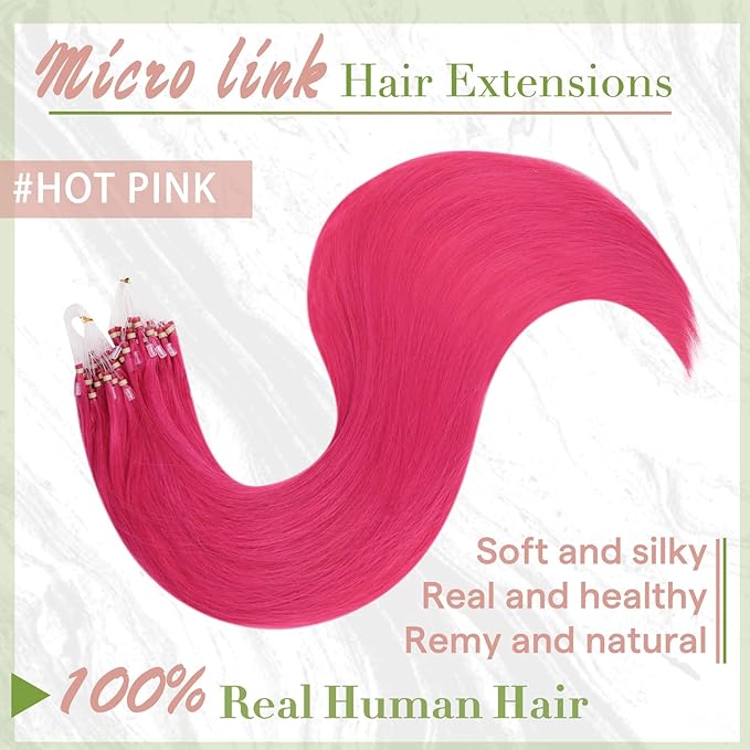 RUNATURE Micro Beads Hair Extensions Real Human Hair Hot Pink Hair Extensions with Microloops, 20 Inch Pink Human Hair Extensions, Pre Bonded Remy Silky Soft Hair for Party, 25g 25s
