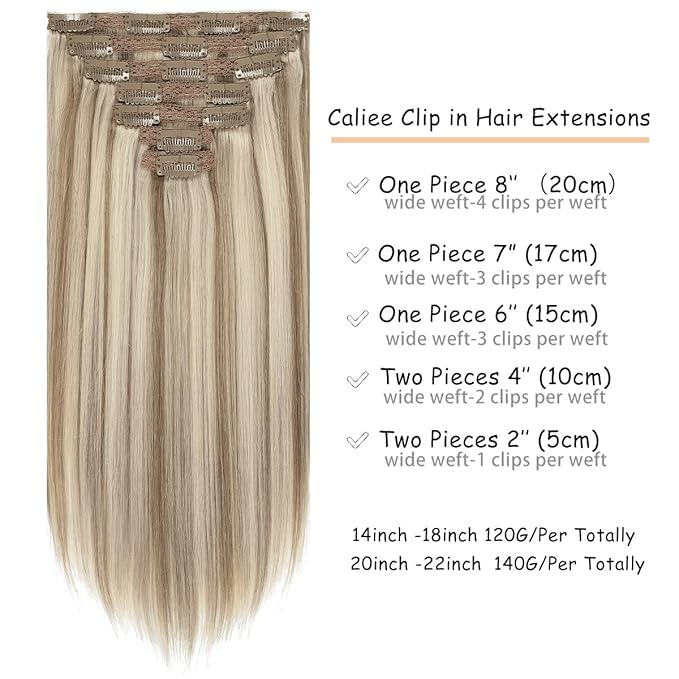 Caliee Clip in Hair Extensions P18/613 Ash Blonde Highlighted Bleach Blonde Real Human Hair Extensions Clip ins Double Weft Lace Invisible Silky Straight Natural Hair 20Inch 140G