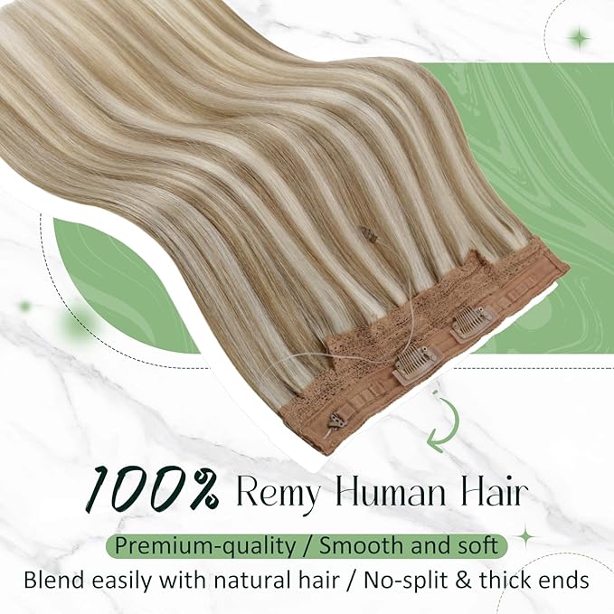 RUNATURE Invisible Wire Hair Extensions Real Human Hair, Fish Line Extensions for Women, Thick Wire Extensions to Add Volume, Soft Remy Hair, 18 Inch 80g #8P24 Ash Brown Highlight Bleach Blonde