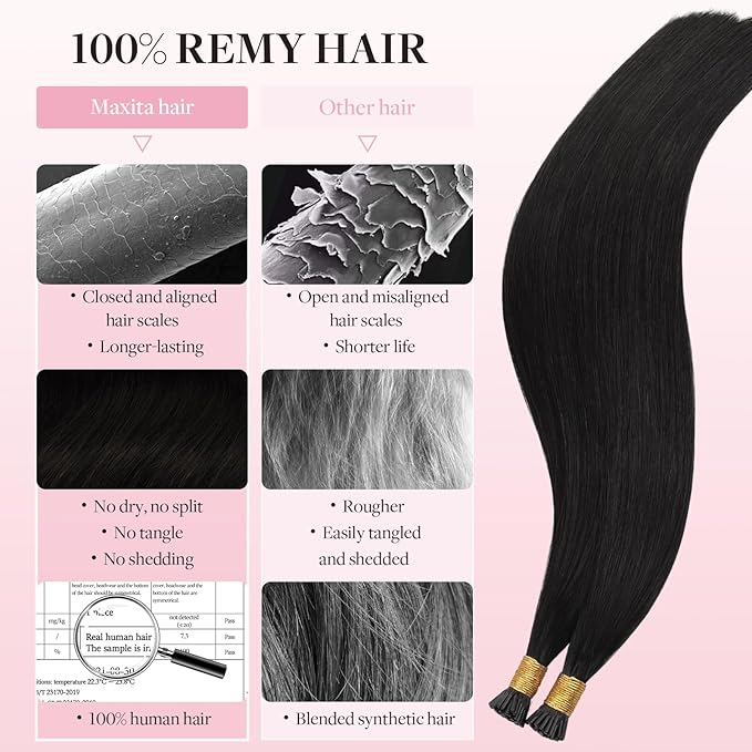 MAXITA I Tip Hair Extensions Human Hair,50g/50s Natural Black 24 Inch Comfortable Wear, Invisible & Natural Cold Fusion, 100% Remy Human Hair Itip Keratin Hair Extensions