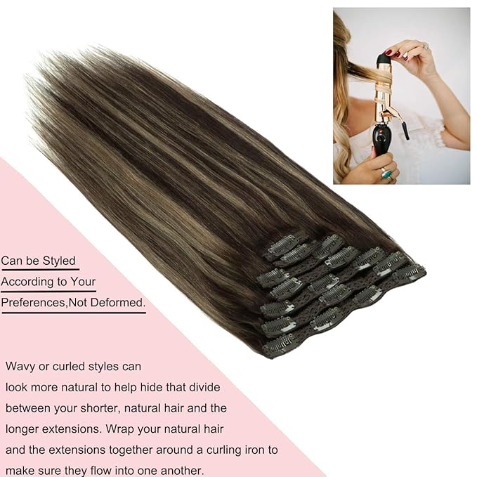 Loxxy 18 Inch 120g Hair Extensions Clip in Double Weft Brazilian Human Hair Thick Silky Straight Clip in Remy Hair Full Head Rooted Dark Brown to Chestnut Brown Highlight Dark Brown Color R#2-2/6