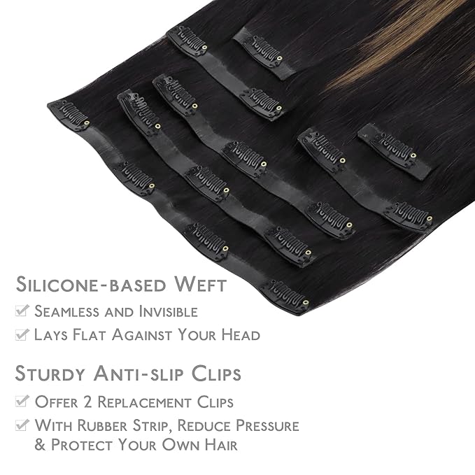 WENNALIFE Seamless Clip In Hair Extensions, 22 Inch 130g 7pcs Natural Black Mixed Chestnut Brown Hair Extensions Clip in Human Hair Invisible PU Skin Weft Natural Remy Human Hair Extensions