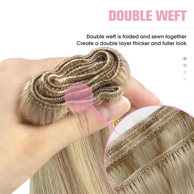 YoungSee Sew in Hair Extensions Blonde Highlight Hair Extensions Sew in Dark Ash Blonde Highlighted Light Blonde Weft Hair Extensions Real Human Hair Highlight Butterfly Weft 22Inch 100G