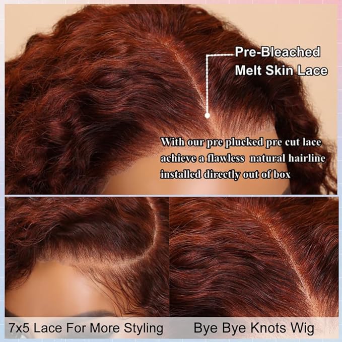 Reddish Brown glueless wigs human hair pre plucked pre cut Deep Wave 7x5 Wear And Go Closure Wigs Reddish Brown Lace Front Wigs Human Hair 180% Density Auburn Wig for Women 14 Inch