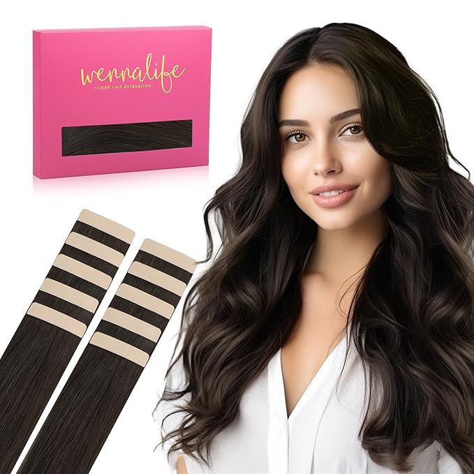 WENNALIFE Tape in Hair Extensions Human Hair Dark Brown Tape in Extensions, 10pcs 25g 14 inch Remy Invisible Tape Ins Straight Colored Soft Real Human Hair Tape in Extensions Refill Set Extensions