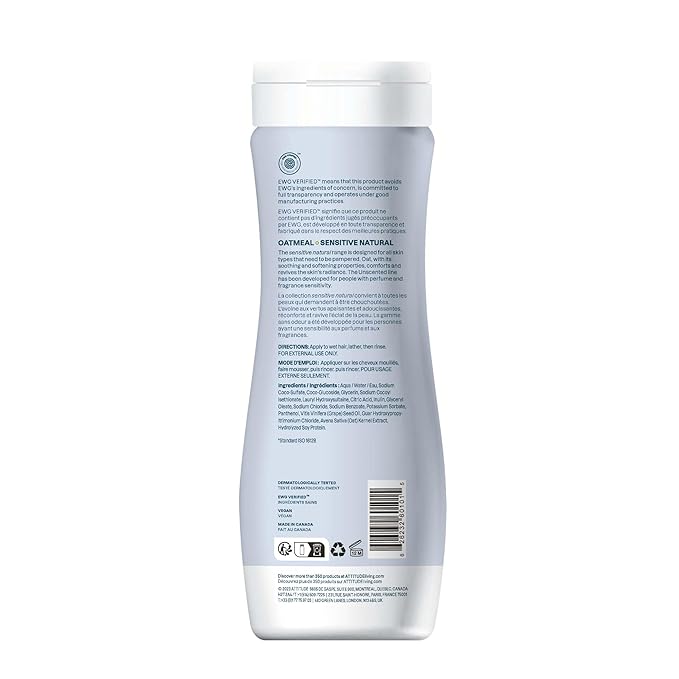 ATTITUDE Hair Shampoo for Sensitive Dry Scalp, EWG Verified, Soothing Oat, For Thin Hair, Naturally Derived Ingredients, Vegan and Plant-Based, Volume and Shine, Unscented, 16 Fl Oz (Pack of 6)
