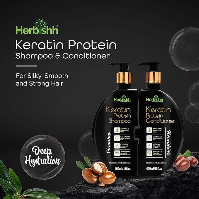 Herbishh Keratin Shampoo and Conditioner Set - Hydrating Shampoo & Nourishing Conditioner for Dry Damaged Hair - Sulfate Free - Plant Based - Set of 2