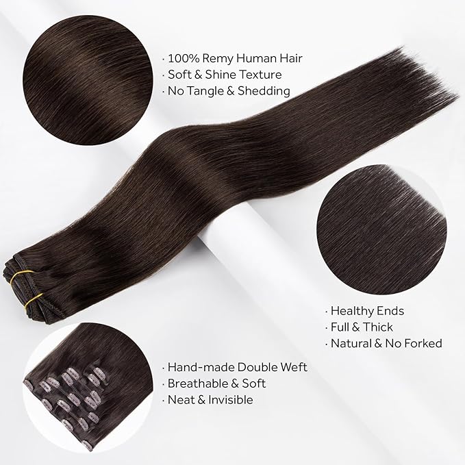Clip in Hair Extensions Real Human Hair, Remy Human Hair Clip in Extensions for Long Hair, Dark Brown Straight Hair Extensions Add Volum add Length #2 24Inch 120G 7PCS