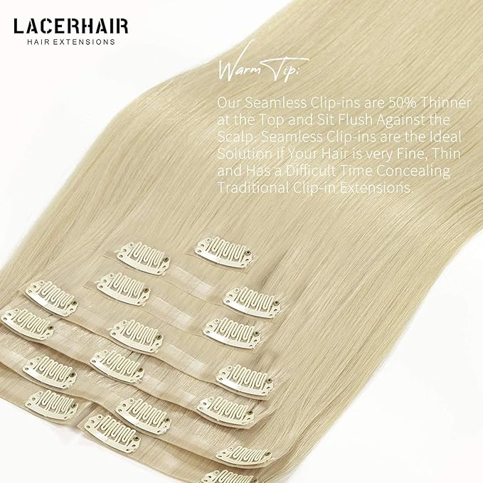 Lacer Clip in Hair Extensions 20 Inch 8Pcs Blonde Clip in Hair Extensions 19 Clips Platinum Blonde PU Weft Seamless Extensions Clip in Human Hair 150 Grams