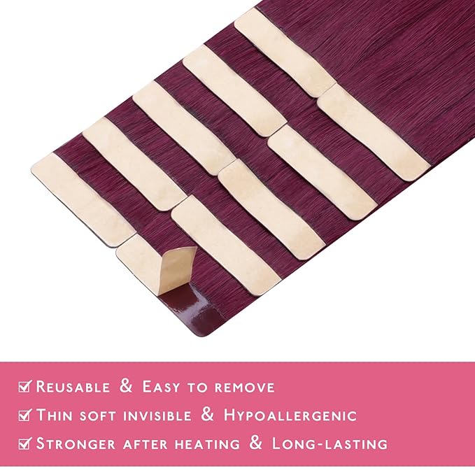 WENNALIFE Tape in Hair Extensions Human Hair Light Burgundy Tape in Extensions, 10pcs 25g 16 inch Remy Invisible Tape Ins Straight Colored Soft Real Human Hair Tape in Extensions Refill Set Extensions