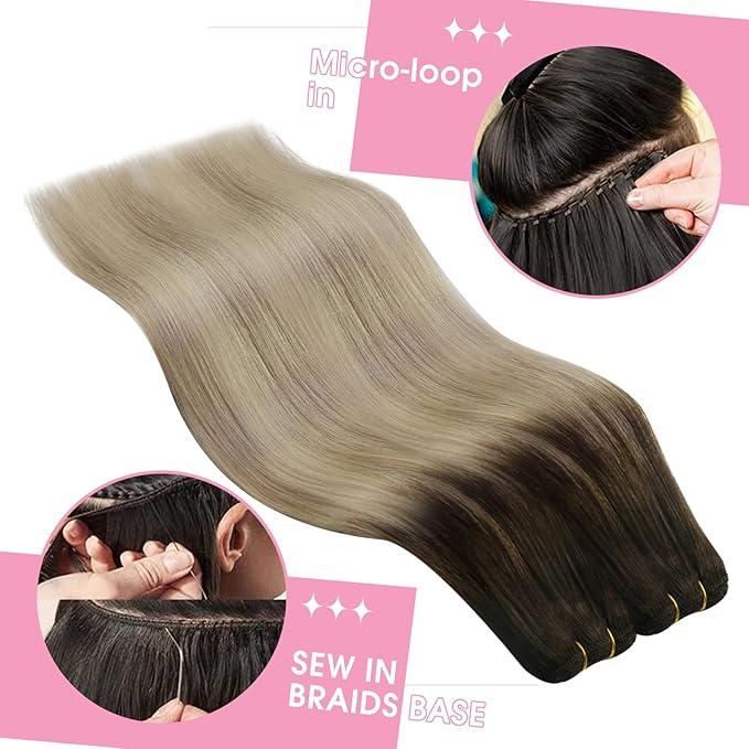 YoungSee 24Inch Weft Hair Extensions Real Human Hair Ombre Blonde Sew in Hair Extensions Dark Brown Base with Medium Ash Blonde and Light Blonde Highlights Hair Extensions Real Human Hair Weft 100G