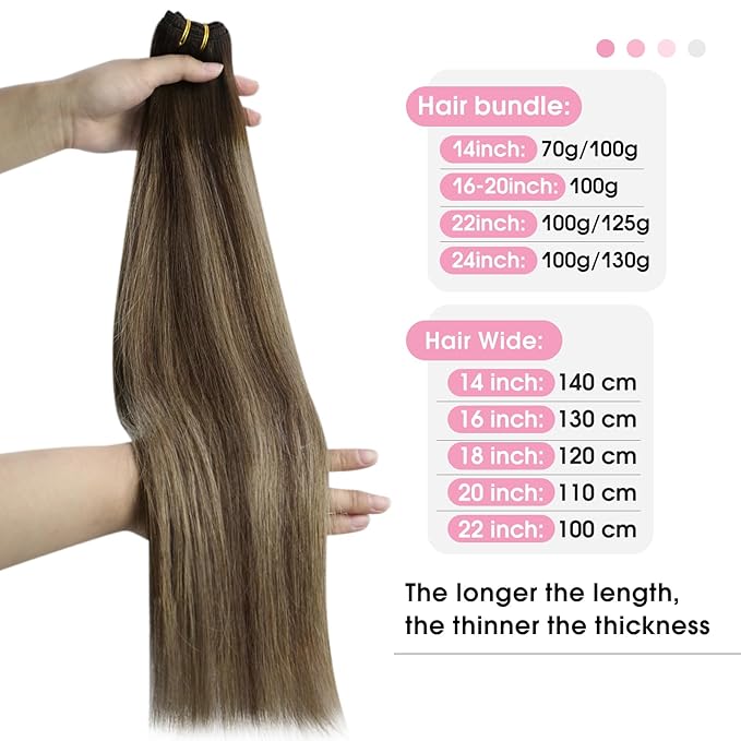 YoungSee Weft Hair Extensions Balayage Sew in Hair Extensions Dark Brown Fading to Caramel Blonde Mix Brown Balayage Silky Smooth Human Hair Weft Extensions for Women 16Inch 100G