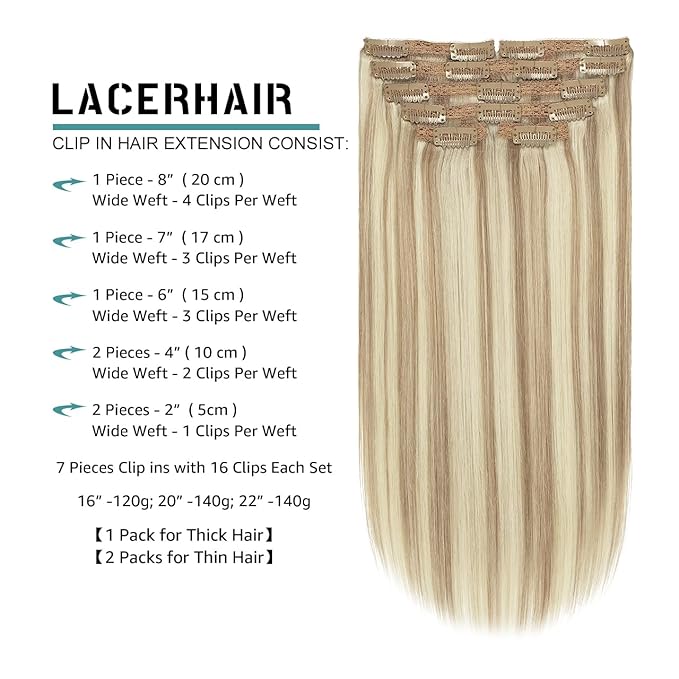 Lacer Hair Clip In Hair Extensions Human Virgin Hair Thick Weft Light Brown And Platinum Blonde Highlights Color Metal Clip Salon Quality Straight Clip In Hair Extension 7 Pieces 140 Gram 22 Inch