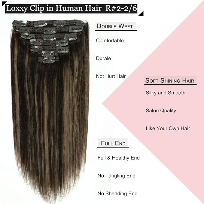 Loxxy 18 Inch 120g Hair Extensions Clip in Double Weft Brazilian Human Hair Thick Silky Straight Clip in Remy Hair Full Head Rooted Dark Brown to Chestnut Brown Highlight Dark Brown Color R#2-2/6