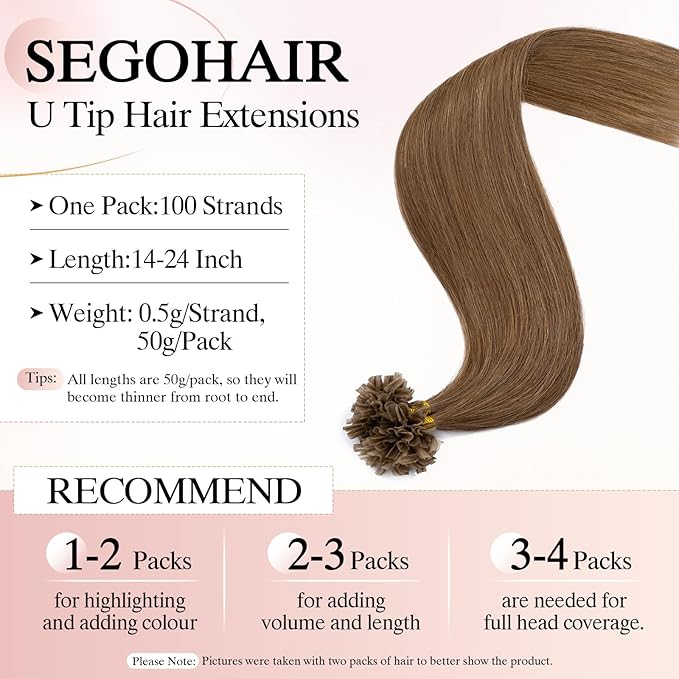 U Tip Hair Extensions Human Hair Pre Bonded Extensions Keratin Fusion Extensions K Tip Hair Extensions Real Human Hair Silky Straight Natural 50g/100 Stands 22" Light Brown