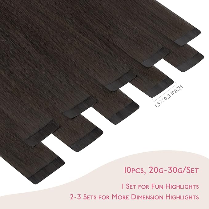WENNALIFE Tape in Hair Extensions Human Hair Dark Brown Tape in Extensions, 10pcs 25g 14 inch Remy Invisible Tape Ins Straight Colored Soft Real Human Hair Tape in Extensions Refill Set Extensions