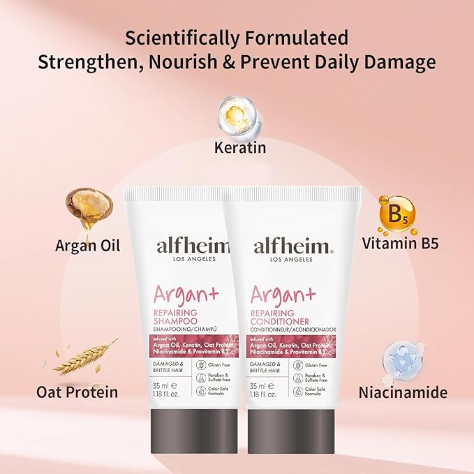ALFHEIM Argan Repairing Shampoo & Conditioner Travel Set | Sulfate-Free&Paraben-Free | Argan Oil, Keratin & Niacinamide for Dry, Damaged, Color-Treated Hair | Hydrating, Strengthening & Anti-Frizz