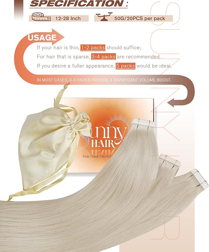 Sunny Hair Tape in Hair Extensions Real Human Hair Invisible Remy Hair Extensions Tape ins for Women White Platinum Blonde 26 inch 20Pcs 50G