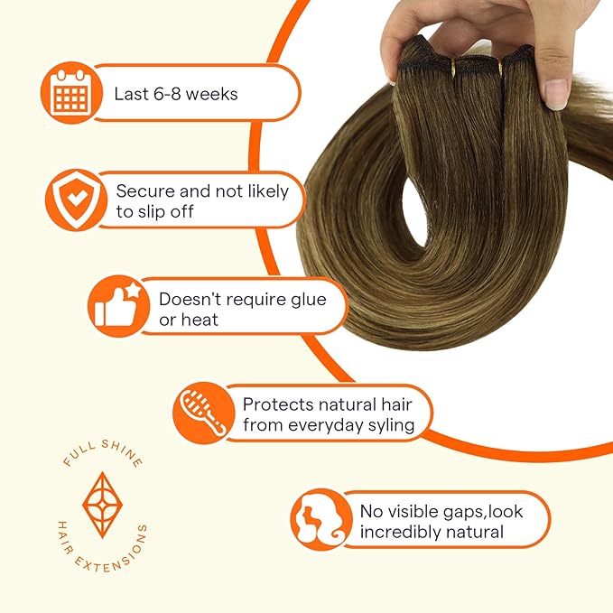 Full Shine Sew In Hair Extensions Real Human Hair Weft Hair Extensions Human Hair Color Brown To Blonde Mix Brown Manchine Tied Weft Human Hair Extensions Silky Hair Short Hair Extensions 14 Inch 100G
