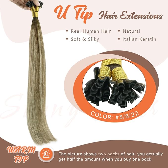 Sunny Hair U Tip Hair Extensions Human Hair Brown Ombre Keratin Hair Extensions Human Hair Dark Brown Balayage with Light Blonde K Tips Hair Extensions Real Human Hair Add Volume 14inch 50g