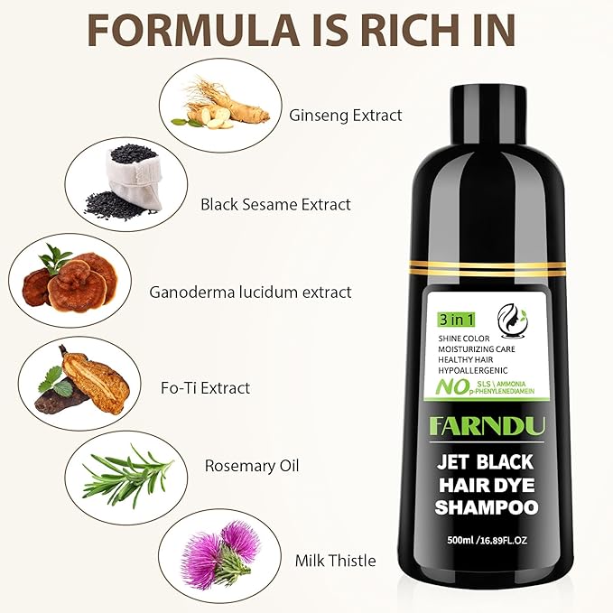 Jet Black Hair Dye Shampoo Ammonia-free & PPD-free, Natural Herbal Ingredients 3 in 1 Hair Color Shampoo for Women Men Gray Hair Coverage