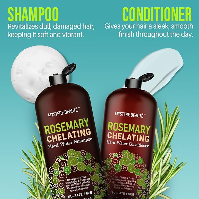 MYSTÈRE BEAUTÉ Rosemary Chelating Shampoo and Conditioner Set – Sulfate Free Hard Water Hair Care with Biotin, Keratin & Tea Tree – Clarifying & Strengthening Duo for Hair Growth – 16 oz Each