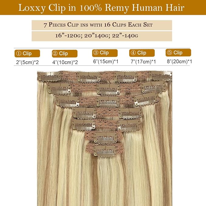 Loxxy 20 Inch Seamless Clip in Hair Extensions Light Brown Highlighted Platinum Blonde Straight Lace Double Weft 100% Remy Hair Extension Clip On Brazilian Human Hair for Women 7pcs 140g Full Head