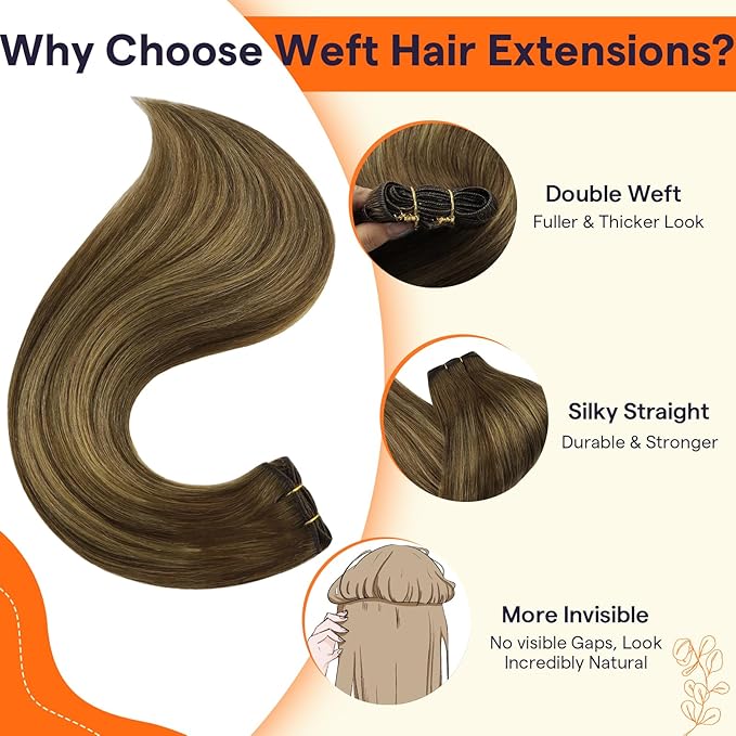 Full Shine Sew In Hair Extensions Real Human Hair Weft Color Brown To Blonde Mix Brown Machine Tied Weft Extensions Soft Hair Invisible Human Hair Sew In Extensions 12 Inch 80G
