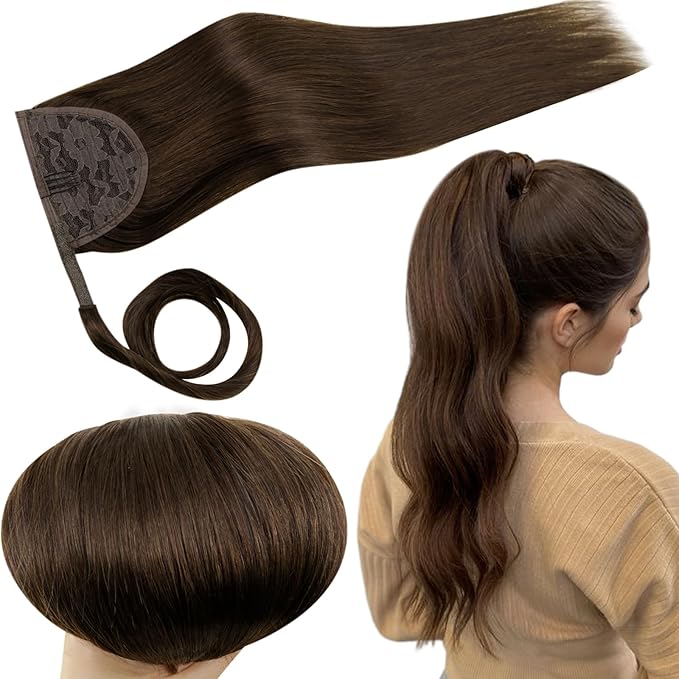 RUNATURE Hair Ponytail Extension Short Ponytail Human Hair Extensions Ponytail #4 Brown Thick Wrap Ponytail Hair Extensions with Clips Straight Real Hair Ponytail Extensions Silky 14 Inch 70g