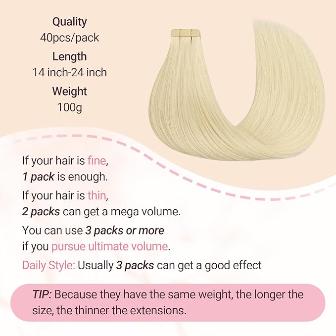 MAXITA Tape in Hair Extensions Human Hair Platinum Blonde 14 Inch 100g 40pcs Thick Ends Remy Seamless Straight Human Hair Extensions Invisible Tape in Extensions Human Hair