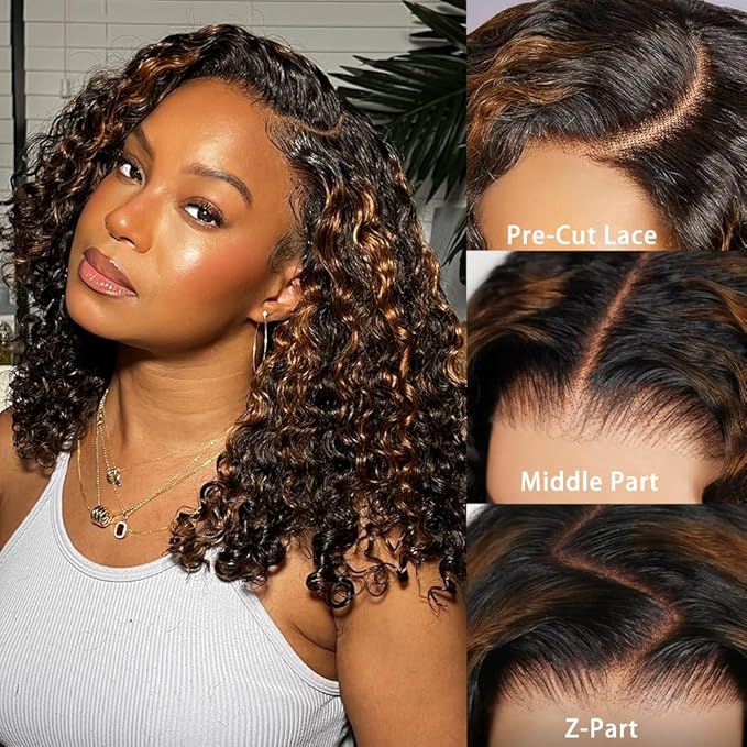 Glueless Wigs Human Hair Pre Plucked Pre Cut 1b/30 Lace Front Wigs Human Hair Wear And Go Ombre Deep Wave Wig 7x5 Pre Everything Highlight Curly Short Bob Wig Human Hair 180% Density 12inch