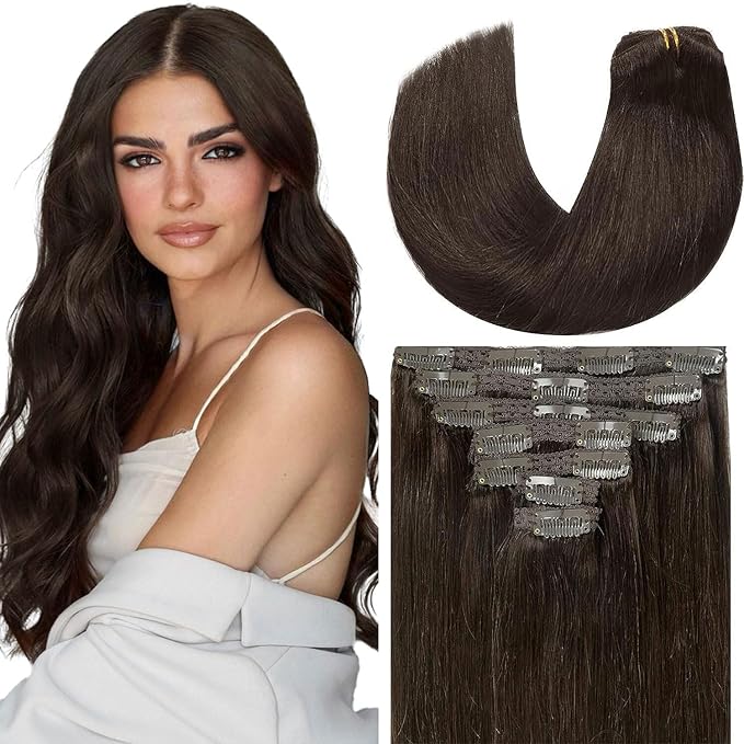 Loxxy Clip in Extensions Human Hair Dark Brown Hair Extensions 9A Grade Remy Human Hair Clip in Clip Hair Extensions Double Weft Color #2 18Inch 120g