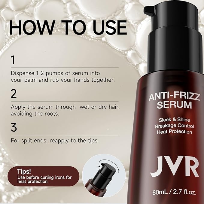 JVR Hydrating Hair Serum for Frizzy and Damaged Hair,Heat Protectant Oil for Frizz Control, Keratin Hair Treatment Essence for Damaged Dry Hair Jojoba Oil, Castor Oil, Anti Frizz Hair Product 2.7 oz