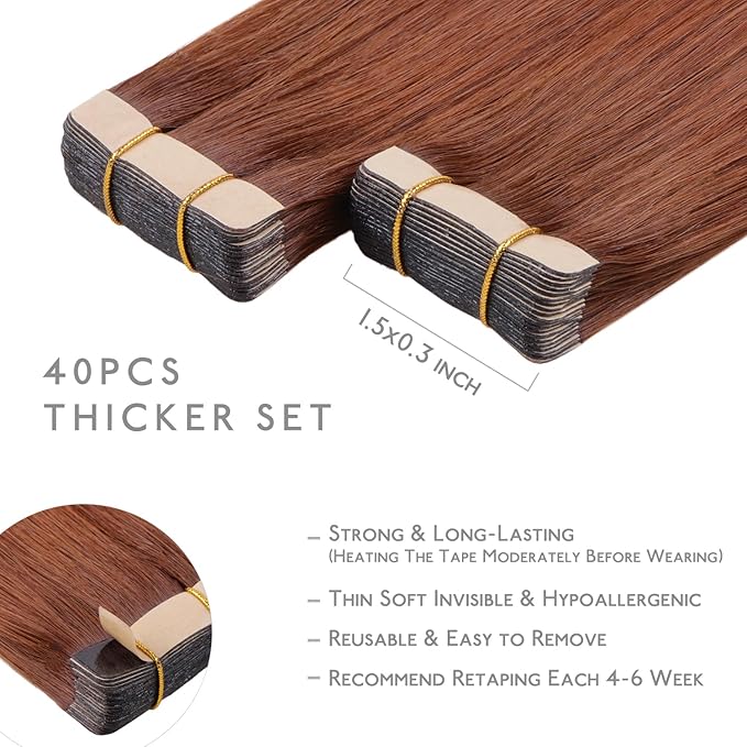 WENNALIFE Tape in Hair Extensions Human Hair, 40pcs 100g 20 inch Dark Auburn Copper Hair Extensions Real Human Hair Straight Tape in Extensions Invisible Human Hair Extensions Reusable Real Hair Exten