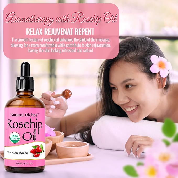 Natural Riches Organic Rosehip Seed Oil for Face 100% Pure Natural Cold Pressed Unrefined Non-GMO Carrier Oil for Skin Hair & Nails. 4 fl oz.