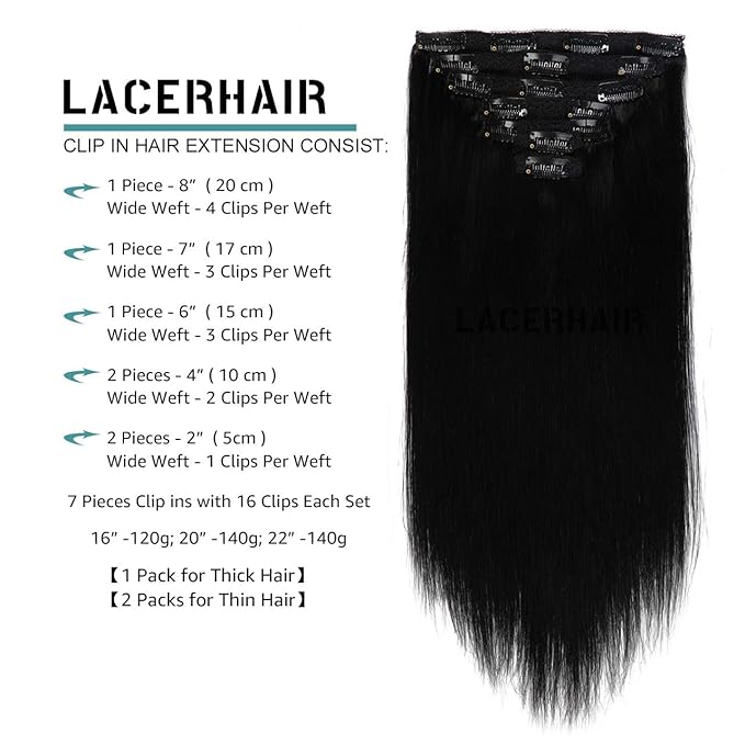 Lacer Hair Extensions Clip in Human Hair Jet Black #1 120g 7pcs Per Set Silky Straight 100% Clip in Hair Extensions Remy Human Hair 14 Inch