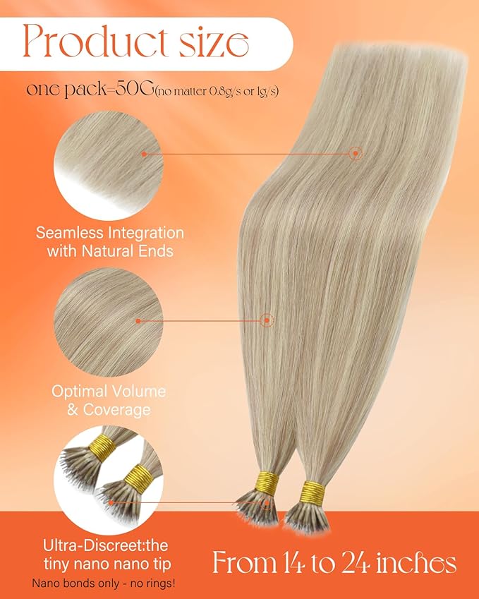 Sunny Hair Nano Bead Hair Extensions Real Human Hair Ash Blonde Highlights Bleach Blonde Nano Tip Hair Extensions Real Human Hair for Women Nano Natural-Looking Hair Extensions 50G
