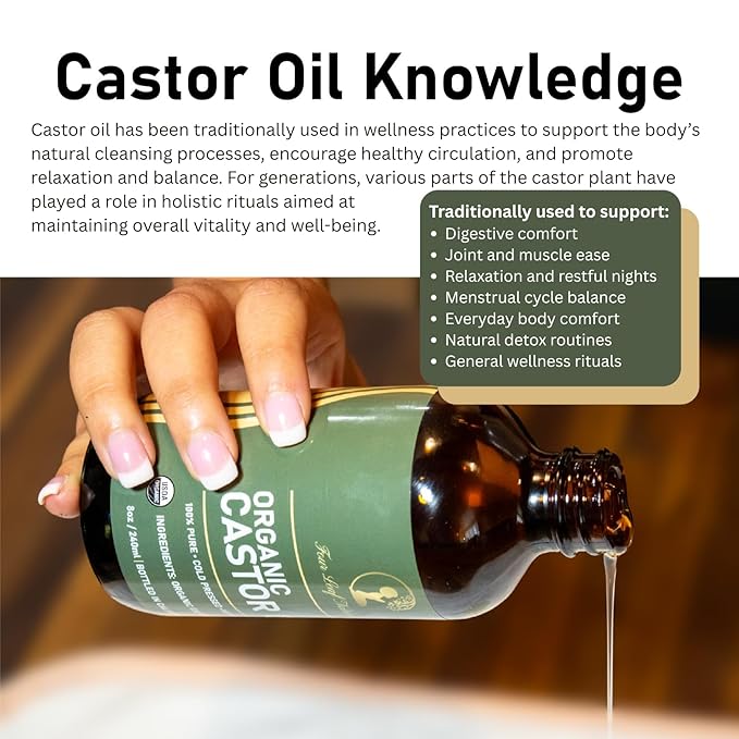 Four Leaf Naturals Organic Unrefined Castor Oil - 8 oz | USDA Certified | Cold-Pressed | Hexane-Free | For Hair, Skin & Digestion
