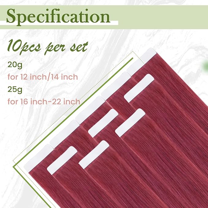 RUNATURE Tape in Hair Extensions Real Human Hair Burgundy Red Human Hair Tape in Extensions Double Sided PU Tape in Extensions for Women Straight Silky Remy Human Hair Extensions 14 Inch 20g 10pcs